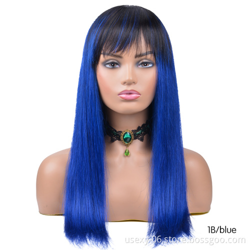 Wholesale 10A Grade 150% Density  Machine Made Color Human Hair Wigs With Bang